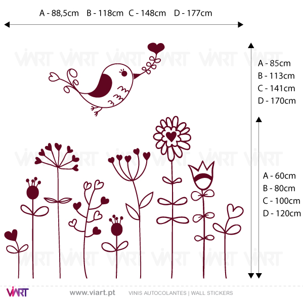 Viart Vinis autocolantes decorativos - Flores com passarinho do amor - medidas