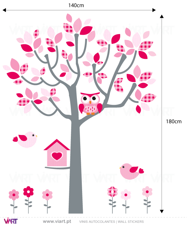 Viart Wall Stickers - Baby Pink Fantasy - tree, owl, birds and flowers - measures