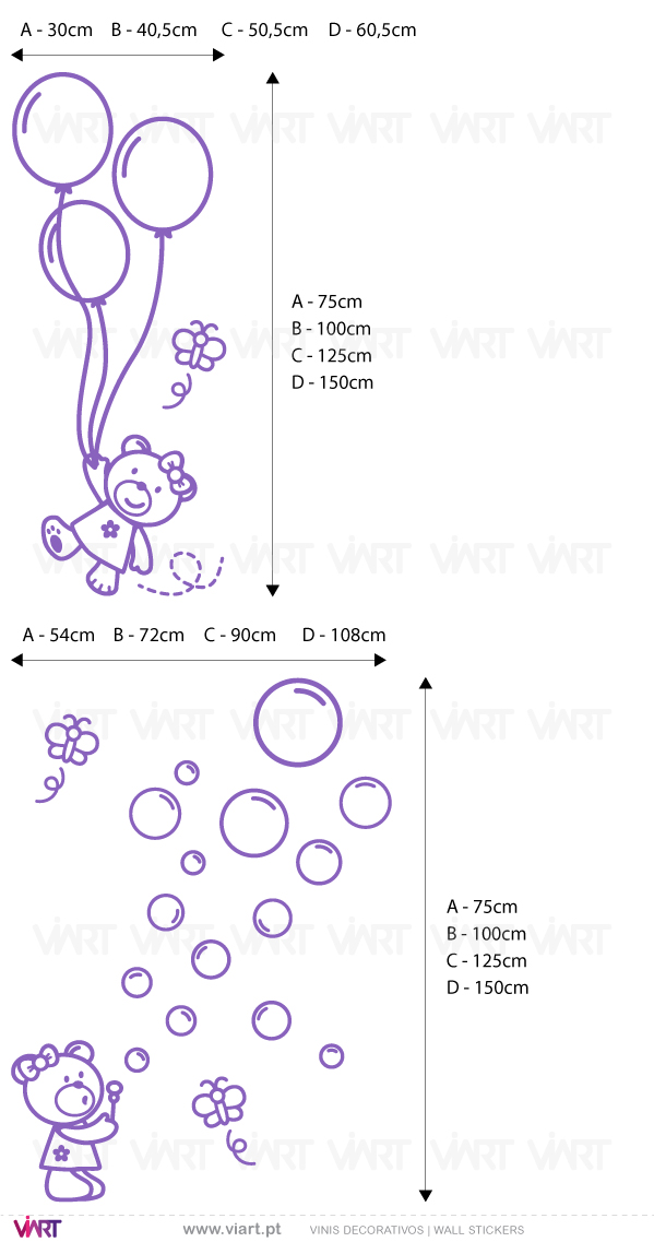 Viart - Vinis autocolantes decorativos - Ursinhas com bolinhas, balões e borboletas! - medidas