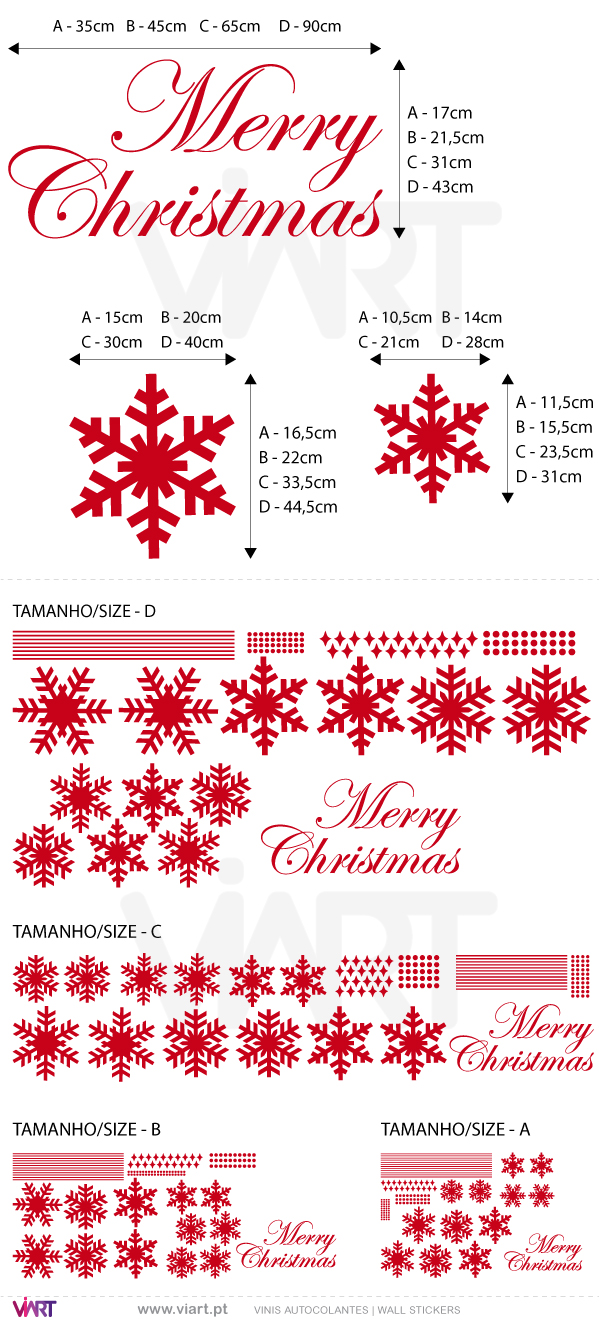 Viart Vinis autocolantes decorativos - Conjunto Flocos de neve e "Merry Christmas" - medidas